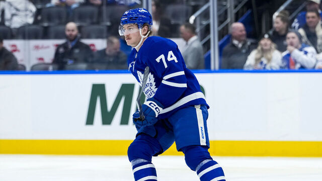 TORONTO, CANADA - MARCH 2: Bobby McMann #74 of the Toronto Maple Leafs skates against the Philadelphia Flyers at the Scotiabank Arena on March 2, 2026 in Toronto, Ontario, Canada.