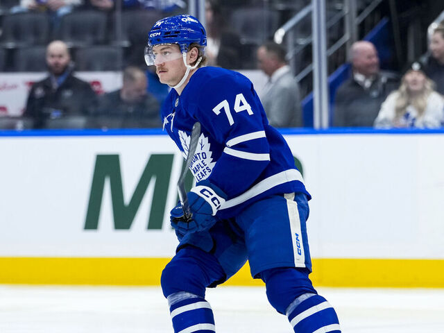 TORONTO, CANADA - MARCH 2: Bobby McMann #74 of the Toronto Maple Leafs skates against the Philadelphia Flyers at the Scotiabank Arena on March 2, 2026 in Toronto, Ontario, Canada.