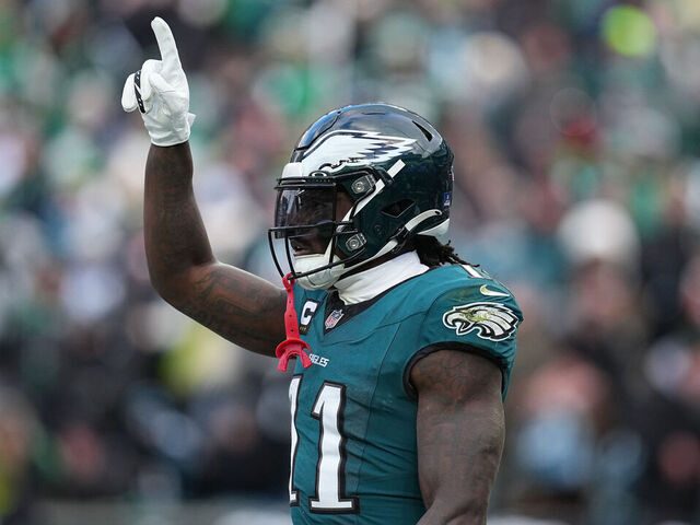 PHILADELPHIA, PENNSYLVANIA - DECEMBER 14: A.J. Brown #11 of the Philadelphia Eagles celebrates a touchdown against the Las Vegas Raiders during the third quarter at Lincoln Financial Field on December 14, 2025 in Philadelphia, Pennsylvania.