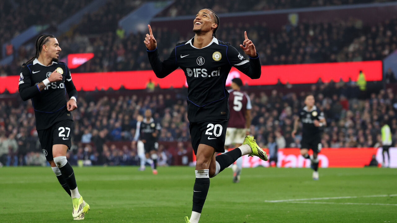 BIRMINGHAM, ENGLAND - MARCH 04: Joao Pedro of Chelsea celebrates scoring his team's fourth goal and his hat trick goal during the Premier League match between Aston Villa and Chelsea at Villa Park on March 04, 2026 in Birmingham, England.