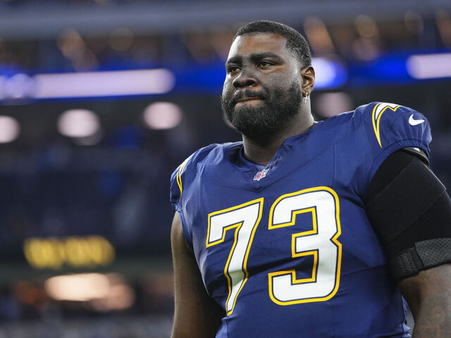 INGLEWOOD, CA - OCTOBER 23: Mekhi Becton #73 of the Los Angeles Chargers exits the field after an NFL football game against the Minnesota Vikings at SoFi Stadium on October 23, 2025 in Inglewood, California.