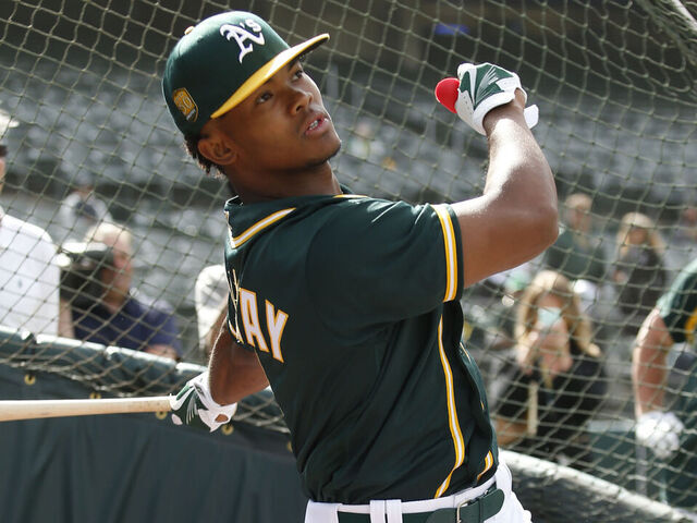 OAKLAND, CA - JUNE 15: First round draft pick Kyler Murray of the Oakland Athletics takes batting practice after signing his contract at the Oakland Alameda Coliseum on June 15, 2018 in Oakland, California.