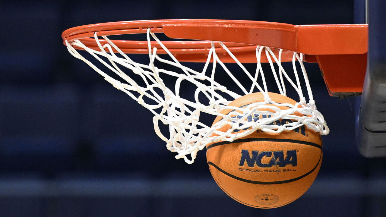 BERKELEY, CALIFORNIA - JANUARY 29: The NCAA logo is seen on a ball before the Notre Dame Fighting Irish play the California Golden Bears at Haas Pavilion on January 29, 2026 in Berkeley, California.