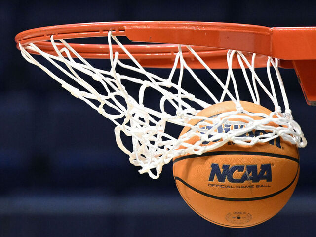 BERKELEY, CALIFORNIA - JANUARY 29: The NCAA logo is seen on a ball before the Notre Dame Fighting Irish play the California Golden Bears at Haas Pavilion on January 29, 2026 in Berkeley, California.
