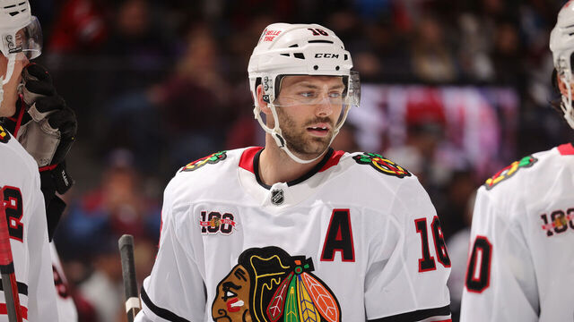 DENVER, COLORADO - FEBRUARY 28: Jason Dickinson #16 of the Chicago Blackhawks skates against the Colorado Avalanche at Ball Arena on February 28, 2026 in Denver, Colorado.