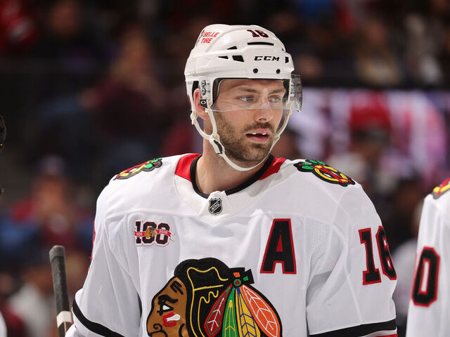 DENVER, COLORADO - FEBRUARY 28: Jason Dickinson #16 of the Chicago Blackhawks skates against the Colorado Avalanche at Ball Arena on February 28, 2026 in Denver, Colorado.