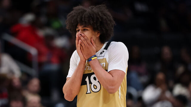 WASHINGTON, DC - FEBRUARY 28: Kyshawn George #18 of the Washington Wizards reacts after being called for a foul against the Toronto Raptors during the second half at Capital One Arena on February 28, 2026 in Washington, DC.