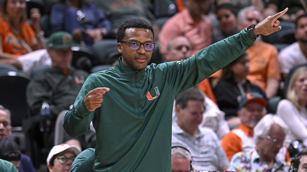 CORAL GABLES, FL - FEBRUARY 28: Miami Head Coach Jai Lucas signals to players in the second half as the Miami Hurricanes faced the Boston College Eagles on February 28, 2026, at the Watsco Center in Coral Gables, Florida.