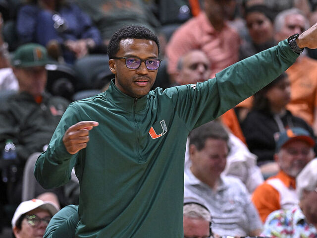 CORAL GABLES, FL - FEBRUARY 28: Miami Head Coach Jai Lucas signals to players in the second half as the Miami Hurricanes faced the Boston College Eagles on February 28, 2026, at the Watsco Center in Coral Gables, Florida.
