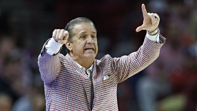 FAYETTEVILLE, ARKANSAS - MARCH 04: Head Coach John Calipari of the Arkansas Razorbacks directs his team in the first half during the game against the Texas Longhorns at Bud Walton Arena on March 04, 2026 in Fayetteville, Arkansas.