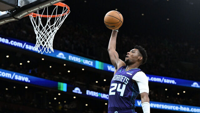 BOSTON, MASSACHUSETTS - MARCH 04: Brandon Miller #24 of the Charlotte Hornets dunks and scores against the Boston Celtics during the second half at the TD Garden on March 04, 2026 in Boston, Massachusetts.