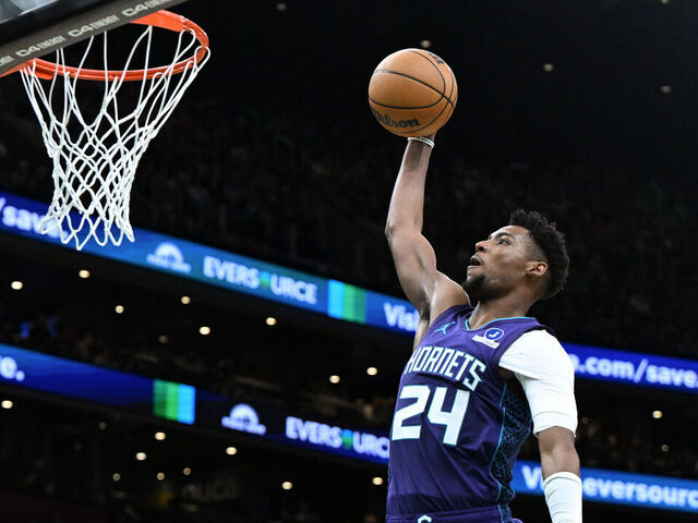 BOSTON, MASSACHUSETTS - MARCH 04: Brandon Miller #24 of the Charlotte Hornets dunks and scores against the Boston Celtics during the second half at the TD Garden on March 04, 2026 in Boston, Massachusetts.