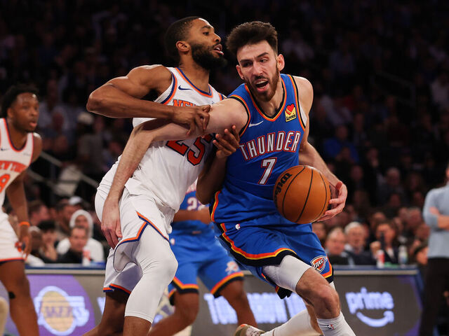 NEW YORK, NEW YORK - MARCH 04: Chet Holmgren #7 of the Oklahoma City Thunder goes to the basket against Mikal Bridges #25 of the New York Knicks during the second quarter at Madison Square Garden on March 04, 2026 in New York City.
