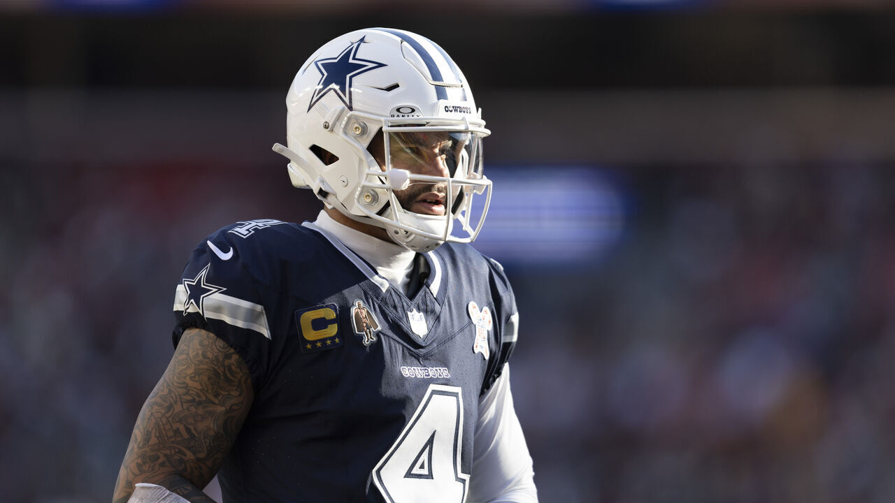 LANDOVER, MD - DECEMBER 25: Dallas Cowboys quarterback Dak Prescott (4) stands on the field during game between the Dallas Cowboys and the Washington Commanders on December 25, 2025 at Northwest Stadium in Landover, MD.