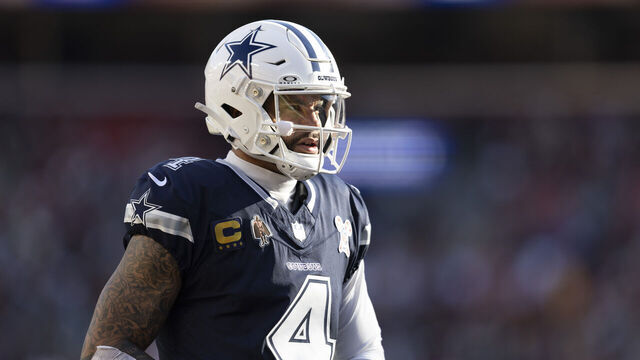 LANDOVER, MD - DECEMBER 25: Dallas Cowboys quarterback Dak Prescott (4) stands on the field during game between the Dallas Cowboys and the Washington Commanders on December 25, 2025 at Northwest Stadium in Landover, MD.