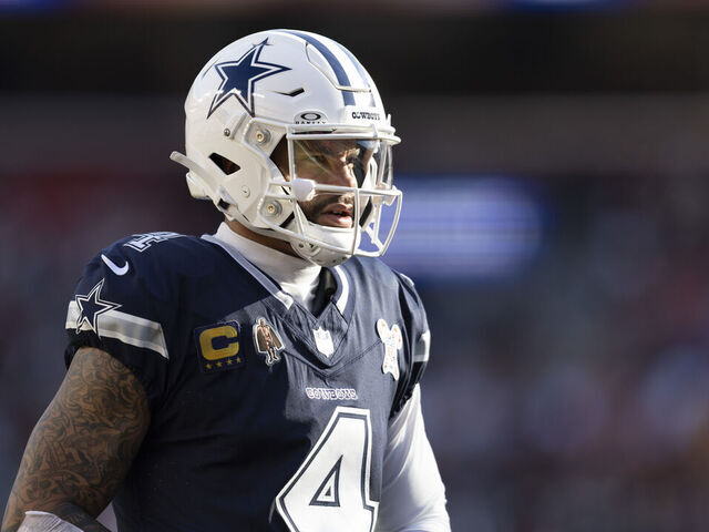 LANDOVER, MD - DECEMBER 25: Dallas Cowboys quarterback Dak Prescott (4) stands on the field during game between the Dallas Cowboys and the Washington Commanders on December 25, 2025 at Northwest Stadium in Landover, MD.