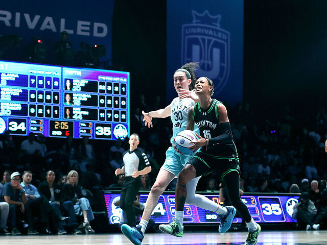 MEDLEY, FLORIDA - MARCH 4: Natasha Cloud #15 of the Phantom drives to the basket against Breanna Stewart #30 of the Mist during the second quarter of the Unrivaled 2026 Championship game at Sephora Arena on March 4, 2026 in Medley, Florida.