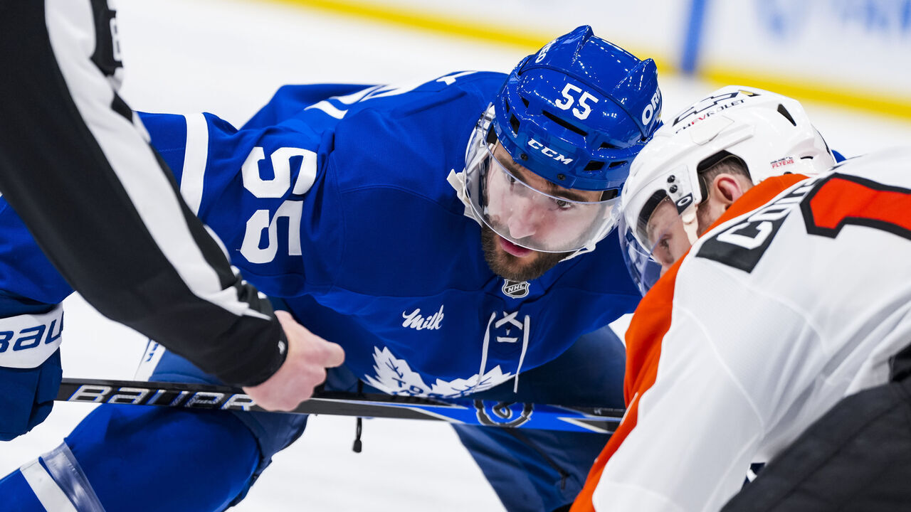 TORONTO, CANADA - MARCH 2: Nicolas Roy #55 of the Toronto Maple Leafs takes a face-off against the Philadelphia Flyers during the first period at the Scotiabank Arena on March 2, 2026 in Toronto, Ontario, Canada.