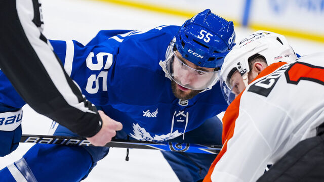 TORONTO, CANADA - MARCH 2: Nicolas Roy #55 of the Toronto Maple Leafs takes a face-off against the Philadelphia Flyers during the first period at the Scotiabank Arena on March 2, 2026 in Toronto, Ontario, Canada.
