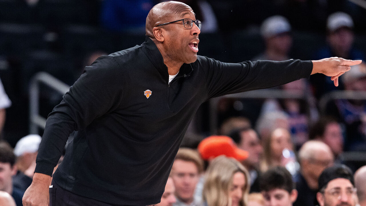 NEW YORK, NEW YORK - MARCH 01: Mike Brown head coach of the New York Knicks reacts during the third quarter of the game against the San Antonio Spurs at Madison Square Garden on March 01, 2026 in New York City.