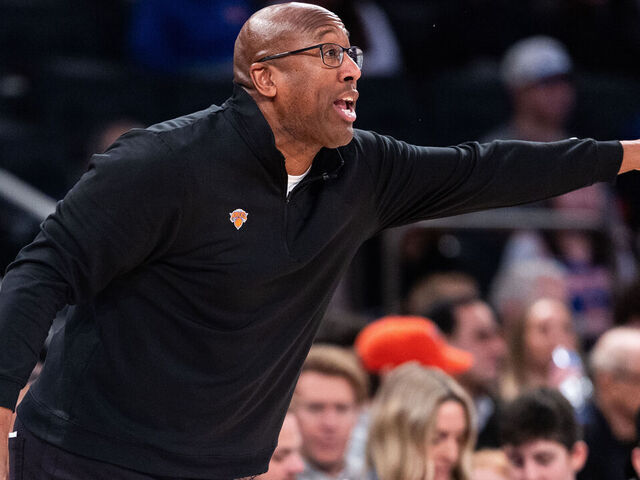 NEW YORK, NEW YORK - MARCH 01: Mike Brown head coach of the New York Knicks reacts during the third quarter of the game against the San Antonio Spurs at Madison Square Garden on March 01, 2026 in New York City.