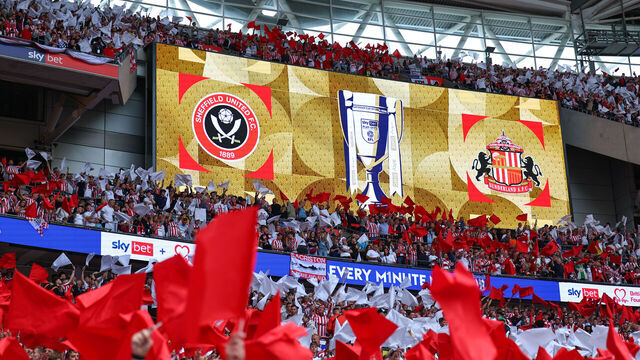 LONDON, ENGLAND - MAY 24: EFL Play Offs signage on an LED screen showing the match fixture during the Sky Bet Championship Play-Off Final match between Sheffield United and Sunderland at Wembley Stadium on May 24, 2025 in London, England.