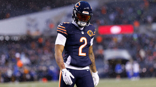 CHICAGO, ILLINOIS - JANUARY 18: DJ Moore #2 of the Chicago Bears stands on the field prior to an NFL divisional playoff game against the Los Angeles Rams at Soldier Field on January 18, 2026 in Chicago, Illinois.