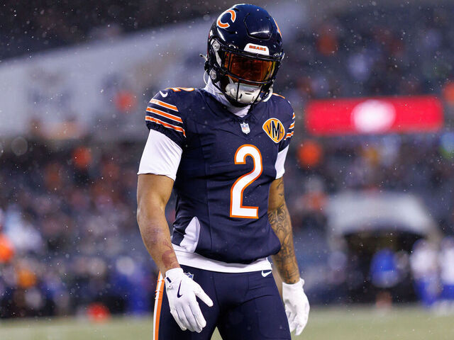 CHICAGO, ILLINOIS - JANUARY 18: DJ Moore #2 of the Chicago Bears stands on the field prior to an NFL divisional playoff game against the Los Angeles Rams at Soldier Field on January 18, 2026 in Chicago, Illinois.