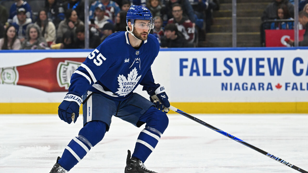 TORONTO, ON - JANUARY 25: Toronto Maple Leafs center Nicolas Roy (55) defends during the regular season NHL game between the Colorado Avalanche and Toronto Maple Leafs on January 25, 2026 at Scotiabank Arena in Toronto, ON