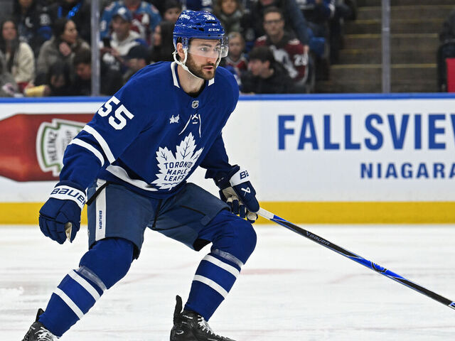 TORONTO, ON - JANUARY 25: Toronto Maple Leafs center Nicolas Roy (55) defends during the regular season NHL game between the Colorado Avalanche and Toronto Maple Leafs on January 25, 2026 at Scotiabank Arena in Toronto, ON