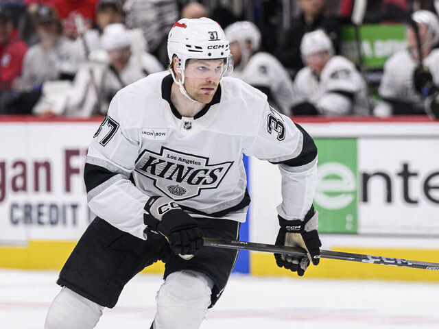 DETROIT, MI - JANUARY 27: Los Angeles Kings LW Warren Foegele (37) during the game between Los Angeles Kings and Detroit Red Wings on January 27, 2026 at Little Caesars Arena in Detroit, MI