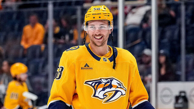 NASHVILLE, TENNESSEE - FEBRUARY 26: Michael Bunting #58 of the Nashville Predators warms up prior to a game against the Chicago Blackhawks during an NHL game at Bridgestone Arena on February 26, 2026 in Nashville, Tennessee.