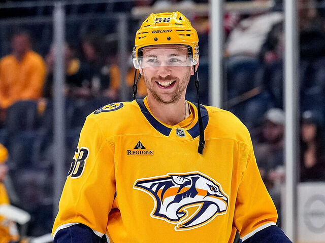 NASHVILLE, TENNESSEE - FEBRUARY 26: Michael Bunting #58 of the Nashville Predators warms up prior to a game against the Chicago Blackhawks during an NHL game at Bridgestone Arena on February 26, 2026 in Nashville, Tennessee.
