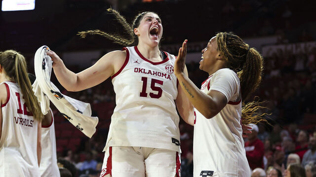 NORMAN, OK - FEBRUARY 26: Oklahoma Sooner center Raegan Beers (15) and forward Sahara Williams (6) celebrate on the bench during the SEC women's college basketball game between the Oklahoma Sooners and the Arkansas Razorbacks on February 26, 2026 at Lloyd Noble Center in Norman OK.