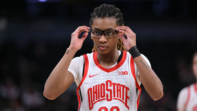 INDIANAPOLIS, INDIANA - MARCH 5: Jaloni Cambridge #22 of the Ohio State Buckeyes adjusts their goggles during the second round of the Big Ten Women's Basketball Tournament at Gainbridge Fieldhouse on March 5, 2026 in Indianapolis, Indiana.