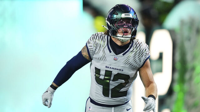SEATTLE, WA - DECEMBER 18: Drake Thomas #42 of the Seattle Seahawks runs out of the tunnel prior to an NFL football game against the Los Angeles Rams at Lumen Field on December 18, 2025 in Seattle, Washington.