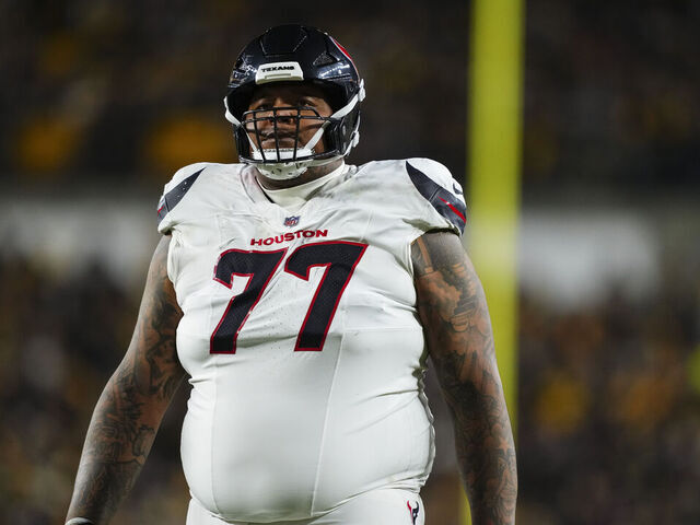 PITTSBURGH, PA - JANUARY 12: Trent Brown #77 of the Houston Texans looks on from the field during an NFL wild card playoff football game against the Pittsburgh Steelers at Acrisure Stadium on January 12, 2026 in Pittsburgh, Pennsylvania.