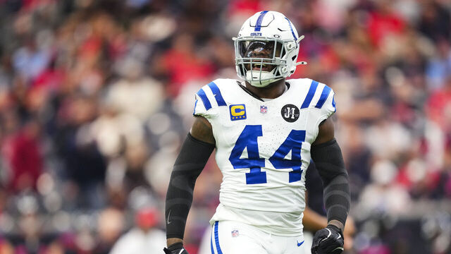 HOUSTON, TX - JANUARY 04: Zaire Franklin #44 of the Indianapolis Colts celebrates during an NFL football game against the Houston Texans at NRG Stadium on January 4, 2026 in Houston, Texas.