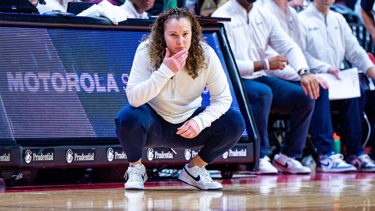 Carolyn Kieger, the head coach of the Penn State Lady Lions, watches during an NCAA women's basketball game at Jersey Mike's Arena in Piscataway, United States, on February 21, 2026 .