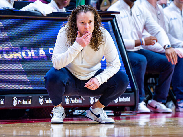Carolyn Kieger, the head coach of the Penn State Lady Lions, watches during an NCAA women's basketball game at Jersey Mike's Arena in Piscataway, United States, on February 21, 2026 .