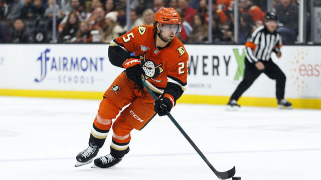 ANAHEIM, CALIFORNIA - DECEMBER 22: Ryan Poehling #25 of the Anaheim Ducks skates with the puck during the second period against the Seattle Kraken at Honda Center on December 22, 2025 in Anaheim, California.