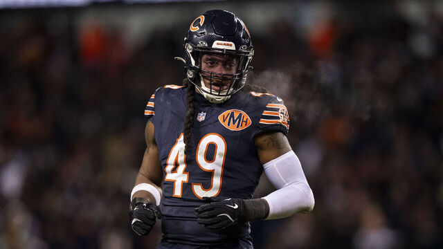 CHICAGO, ILLINOIS - JANUARY 10: Tremaine Edmunds #49 of the Chicago Bears lines up during an NFL wild card playoff game against the Green Bay Packers at Soldier Field on January 10, 2026 in Chicago, Illinois.