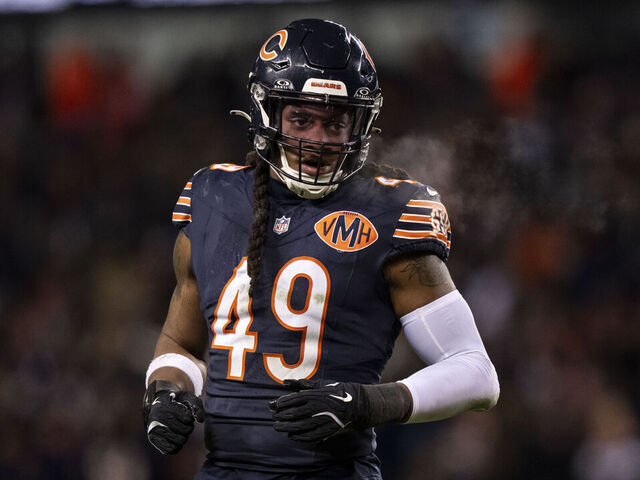 CHICAGO, ILLINOIS - JANUARY 10: Tremaine Edmunds #49 of the Chicago Bears lines up during an NFL wild card playoff game against the Green Bay Packers at Soldier Field on January 10, 2026 in Chicago, Illinois.