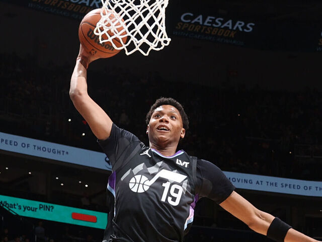 WASHINGTON, DC - MARCH 5: Ace Bailey #19 of the Utah Jazz drives to the basket during the game against the Washington Wizards on March 5, 2026 at Capital One Arena in Washington, DC. Mandatory Copyright Notice: Copyright 2026 NBAE
