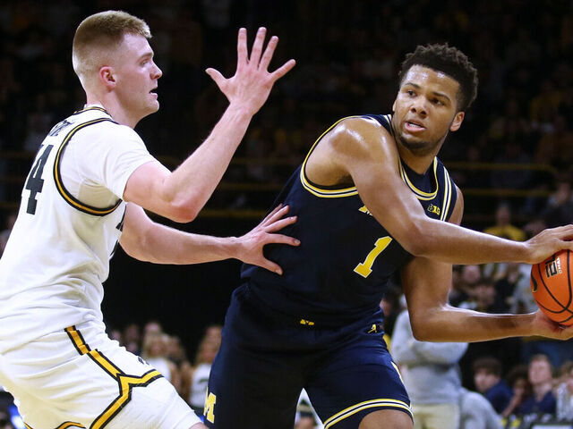 IOWA CITY, IA - MARCH 5: Guard Trey McKenney #1 of the Michigan Wolverines squares off in the first half against guard Bennett Stirtz #14 of the Iowa Hawkeyes on March 5, 2026 at Carver-Hawkeye Arena, in Iowa City, Iowa.