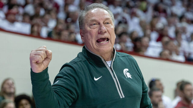 BLOOMINGTON, INDIANA - MARCH 1: Head coach Tom Izzo of the Michigan State Spartans coaches during the second half against the Indiana Hoosiers at Simon Skjodt Assembly Hall on March 1, 2026 in Bloomington, Indiana.