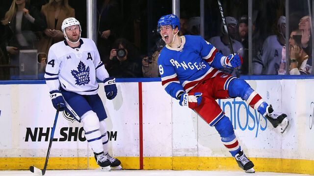 NEW YORK, NEW YORK - MARCH 05: Jaroslav Chmelar #49 of the New York Rangers celebrates his first NHL goal against the Toronto Maple Leafs at Madison Square Garden on March 05, 2026 in New York City.