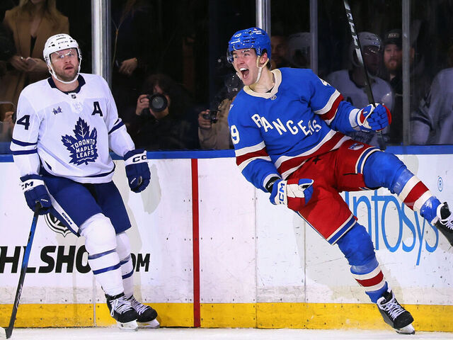 NEW YORK, NEW YORK - MARCH 05: Jaroslav Chmelar #49 of the New York Rangers celebrates his first NHL goal against the Toronto Maple Leafs at Madison Square Garden on March 05, 2026 in New York City.
