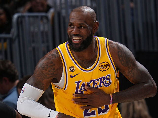 DENVER, CO - MARCH 5: LeBron James #23 of the Los Angeles Lakers smiles during the game against the Denver Nuggets on March 5, 2026 at Ball Arena in Denver, Colorado. NOTE TO USER: User expressly acknowledges and agrees that, by downloading and/or using this Photograph, user is consenting to the terms and conditions of the Getty Images License Agreement. Mandatory Copyright Notice: Copyright 2026 NBAE