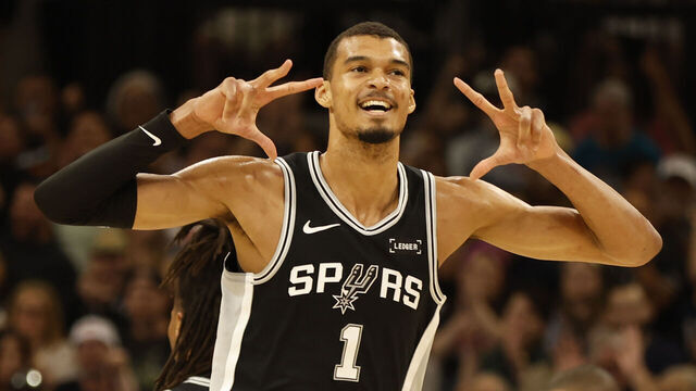 SAN ANTONIO, TX -MARCH 5: Victor Wembanyama #1 of the San Antonio Spurs reacts after making a three-point shot against the Detroit Pistons in the first half at Frost Bank Center on March 5, 2026 in San Antonio, Texas. NOTE TO USER: User expressly acknowledges and agrees that, by downloading and or using this photograph, User is consenting to terms and conditions of the Getty Images License Agreement.